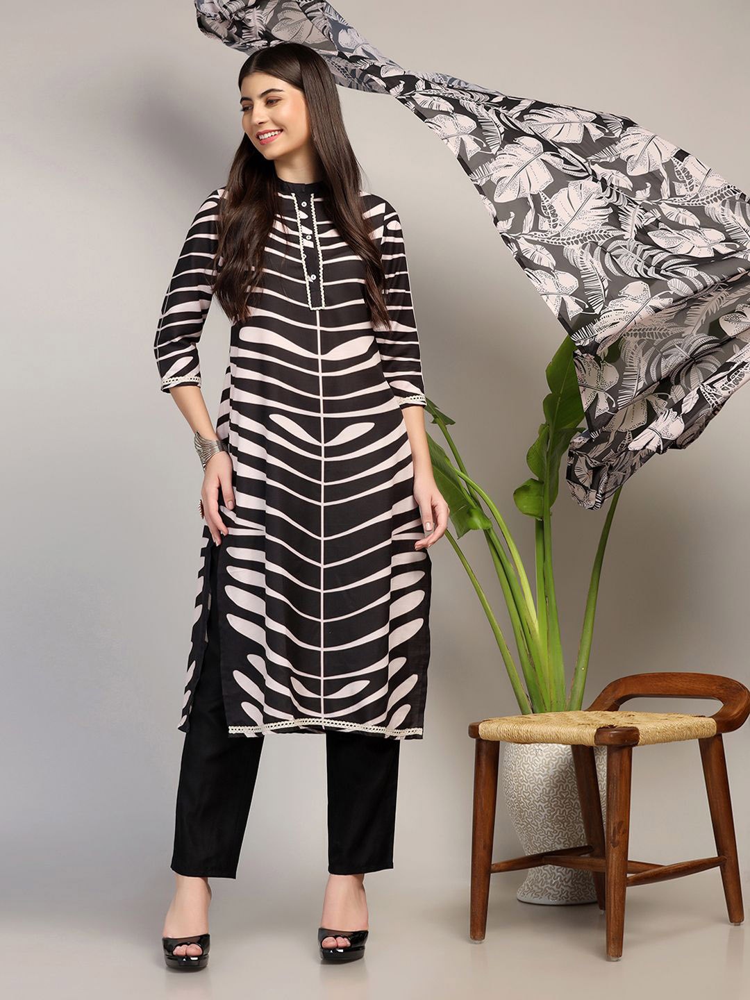 

Sangria All Over Printed Straight Kurta & Trousers With Dupatta, Black