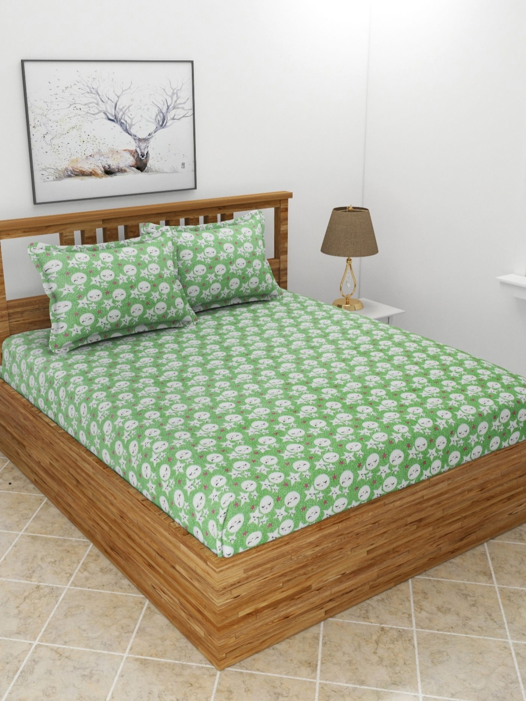

MORADO Green Conversational Printed Wool 210 TC Queen Bedsheet Set 2.28 m x 2.54 m