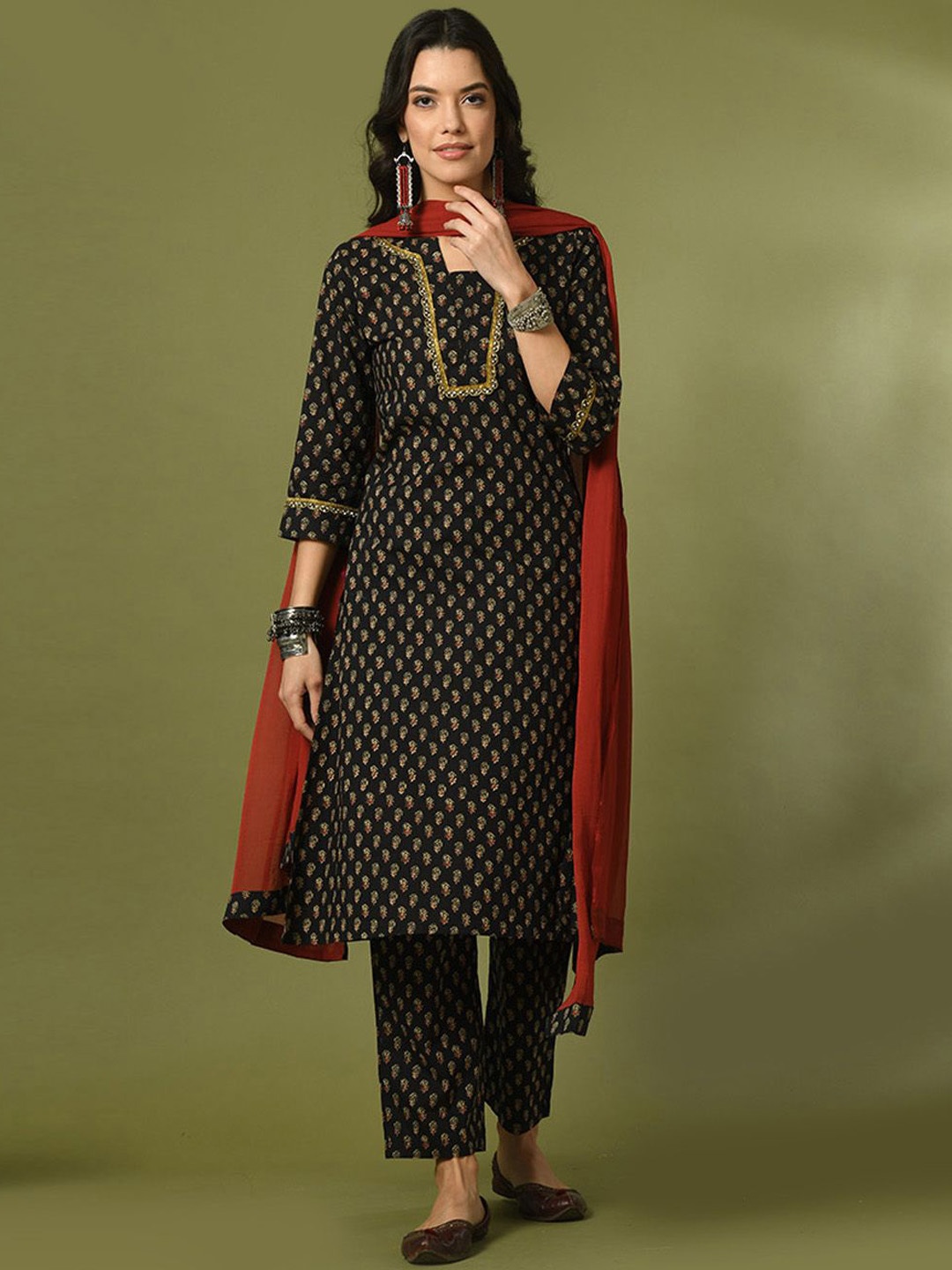 

KALINI Floral Printed Pure Cotton Kurta With Trousers & Dupatta, Black