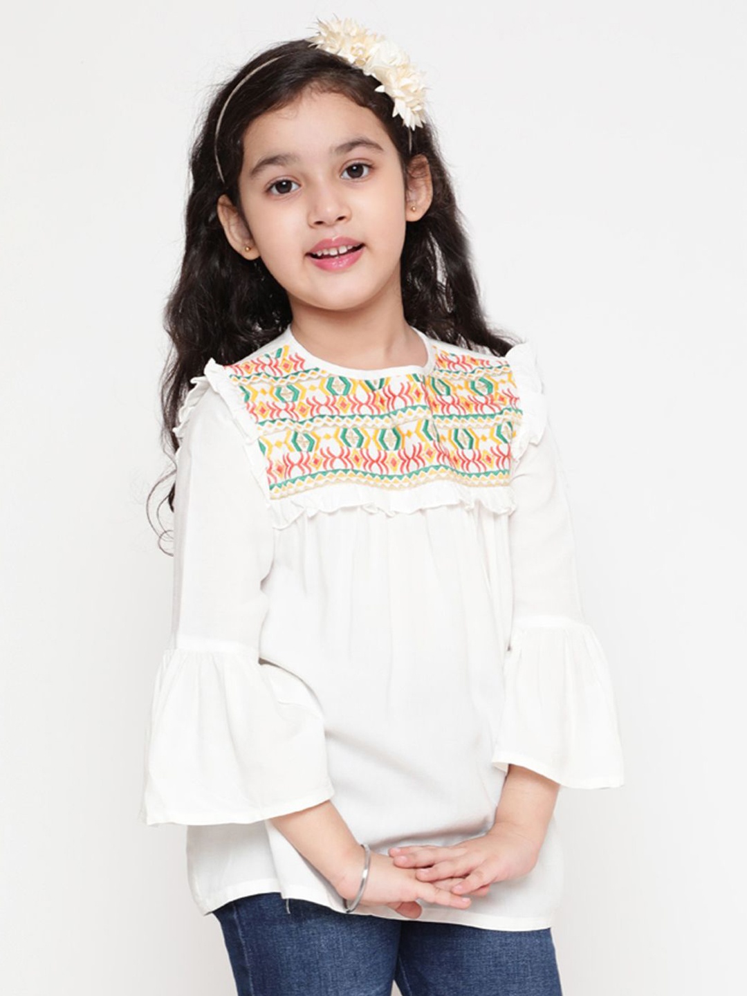 

Miss & Chief Girls Embroidered Round Neck Bell Sleeve Top, White