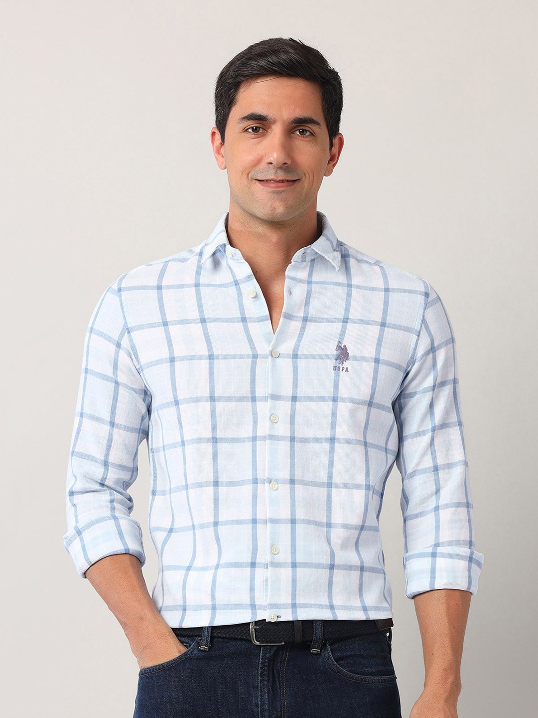 

U.S. Polo Assn. Denim Co. Men Classic Opaque Checked Casual Shirt, Blue