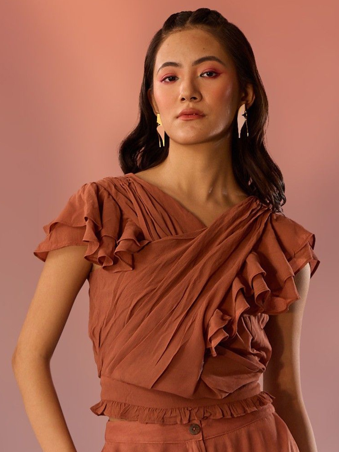 

Western Era Women V-Neck Ruffles Fitted Top, Brown