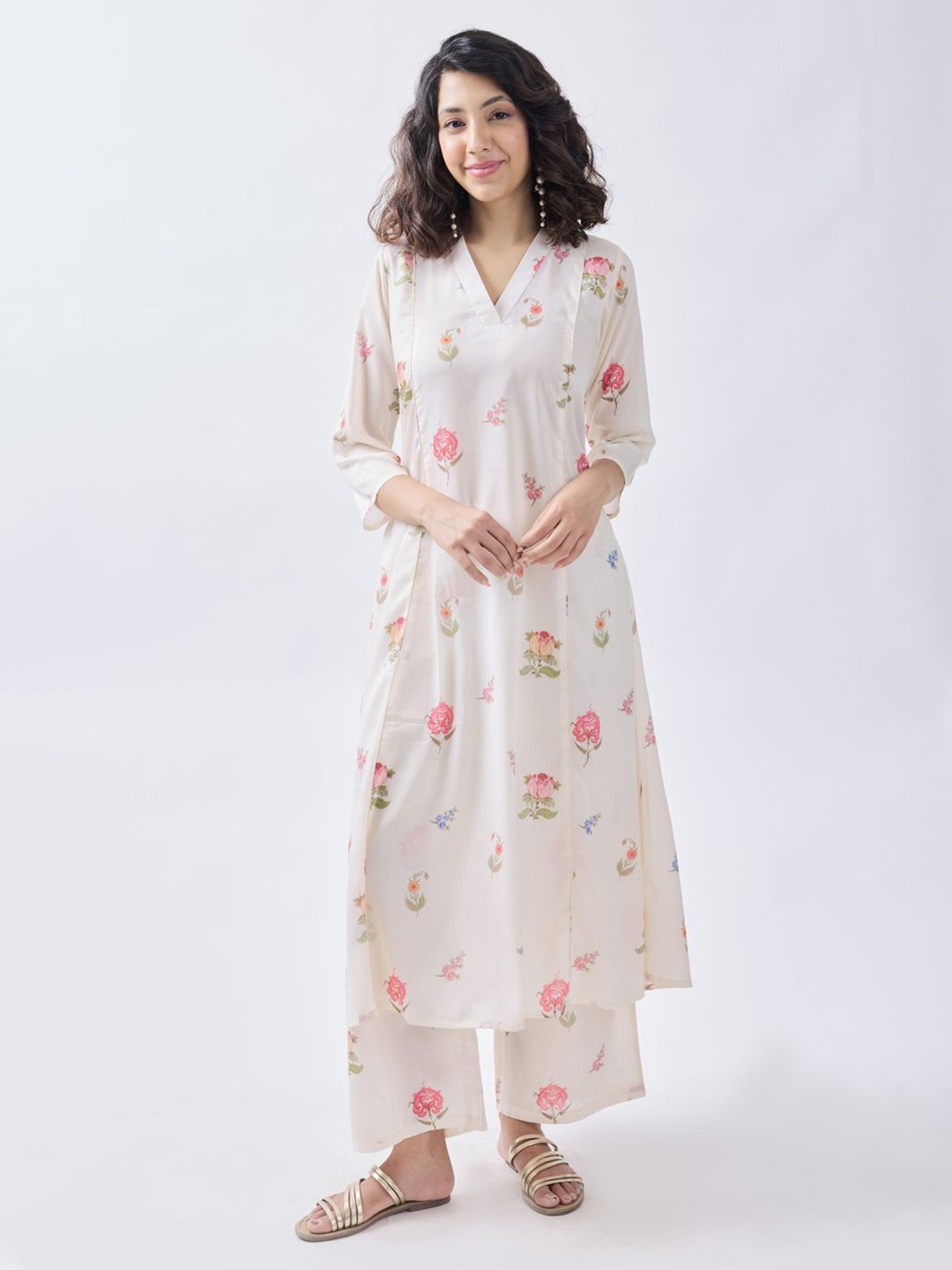 

KALINI Floral Printed V-Neck Three-Quarter Sleeves Panelled A-Line Kurta With Palazzo, White