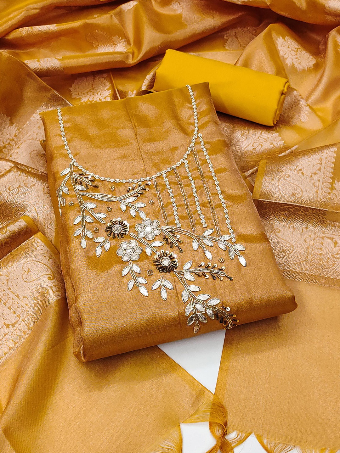 

SAINOOR Floral Embroidered Beads & Stones Unstitched Dress Material, Yellow