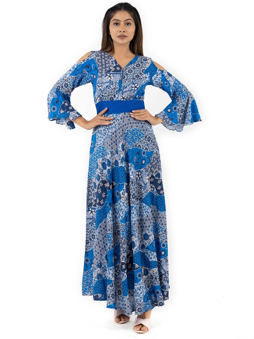 

KUNDAN FAB Floral Print Flared Sleeve Maxi Dress, Blue