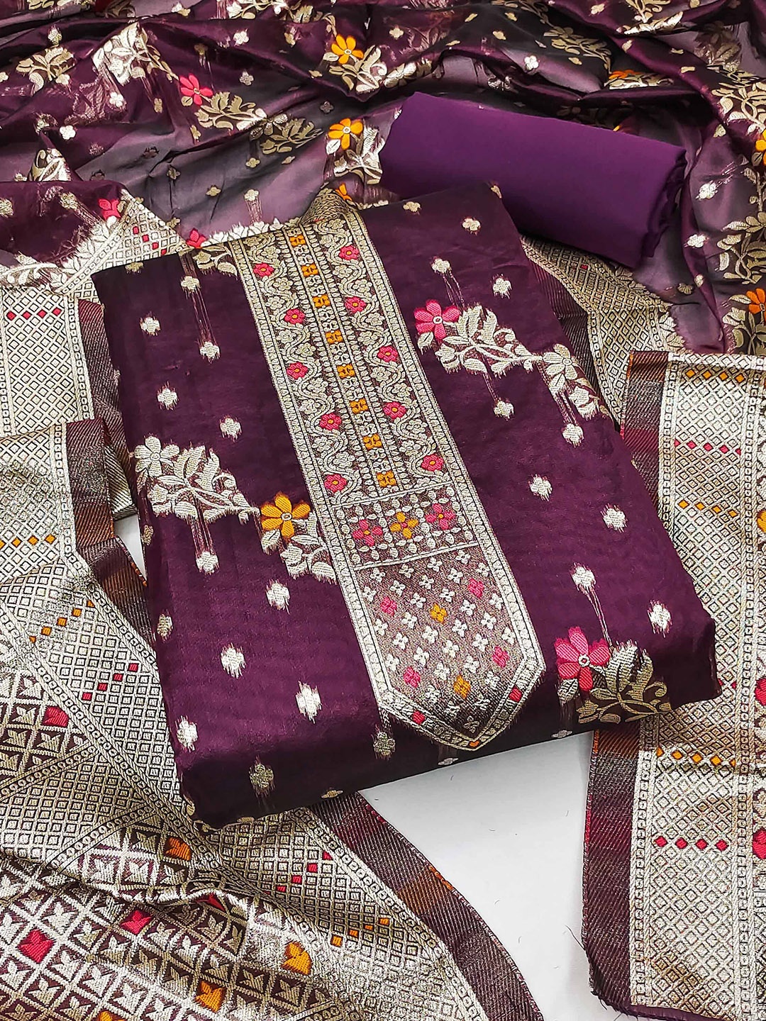 

SAINOOR Ethnic Motifs Woven Design Organza Unstitched Dress Material, Purple