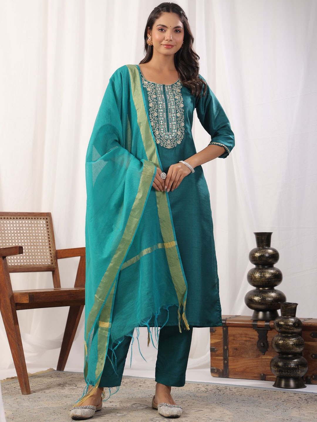 

KALINI Floral Yoke Design Round Neck Thread Work Straight Kurta With Trousers & Dupatta, Teal
