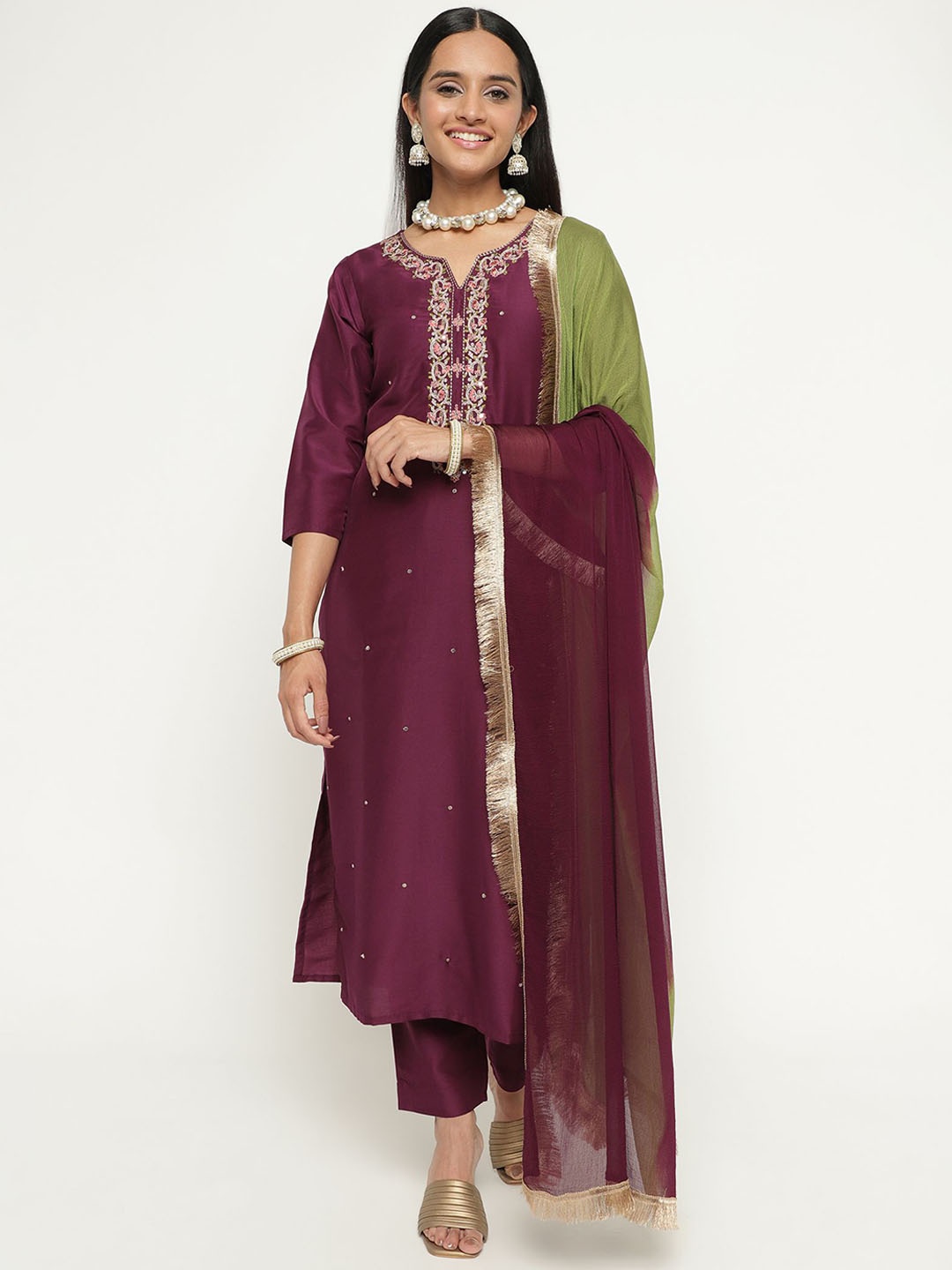 

KALINI Floral Embroidered Sequnnied Notch Neck Straight Kurta With Trousers & Dupatta, Purple