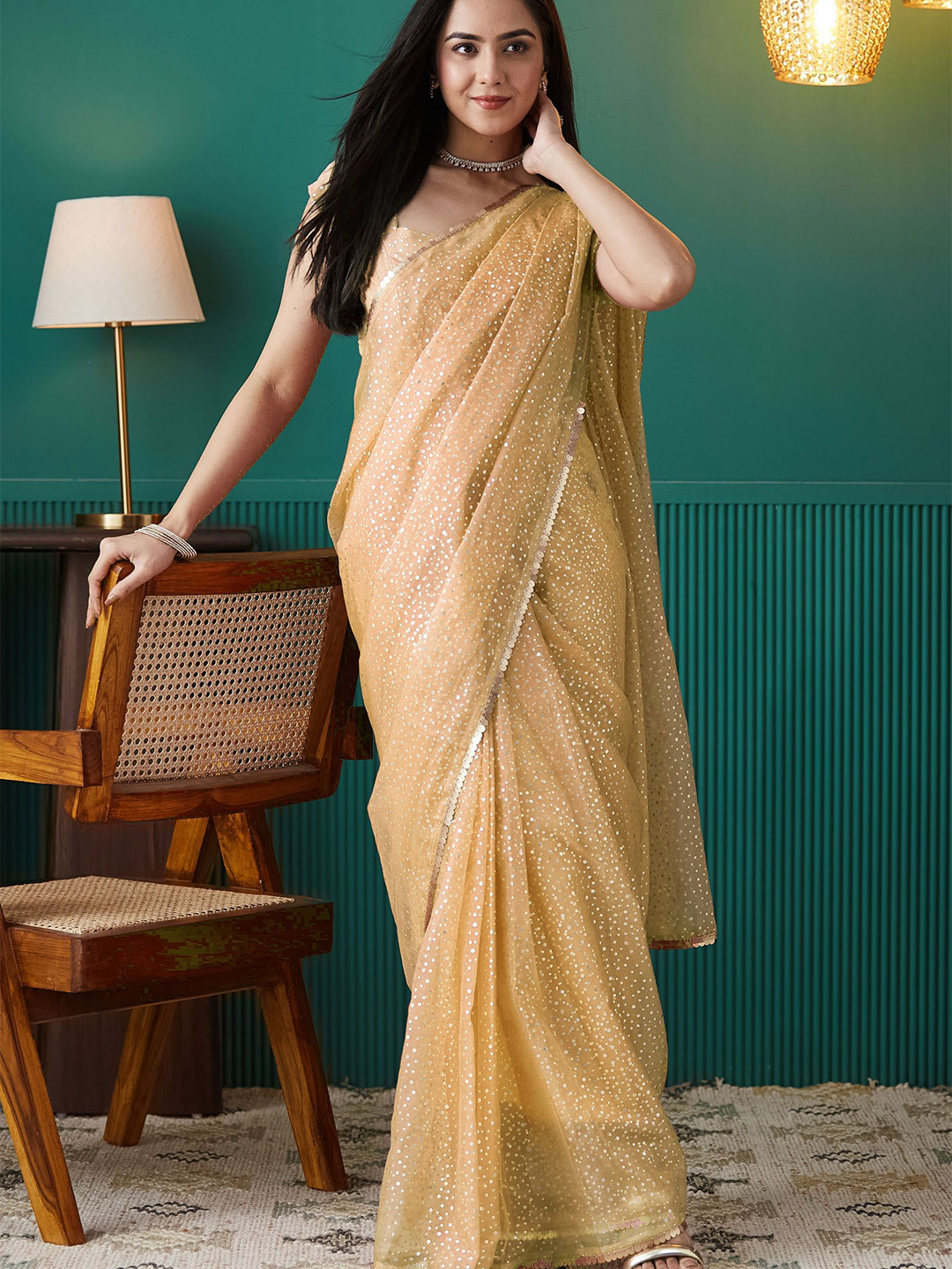 

RACHNA Sequinned Organza Saree, Yellow