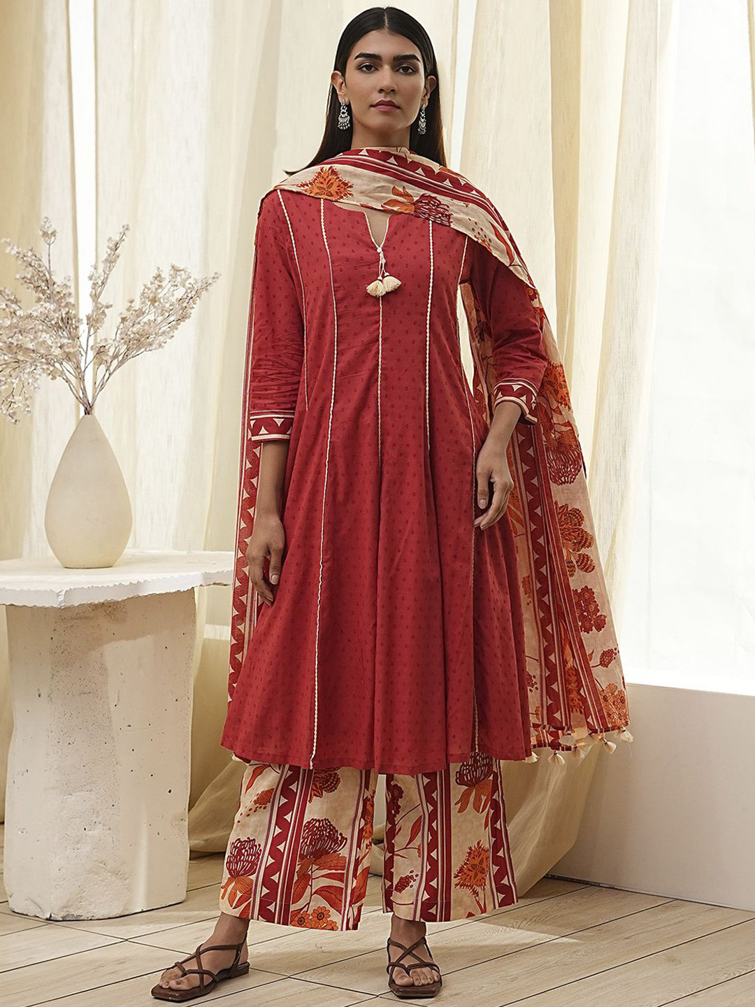 

Biba Woven Design Panelled Pure Cotton A-Line Kurta With Palazzos & Dupatta, Rust