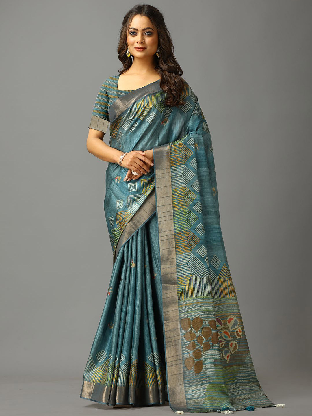 

A.V.M. SILK MILLS Geometric Printed Zari Saree, Turquoise blue