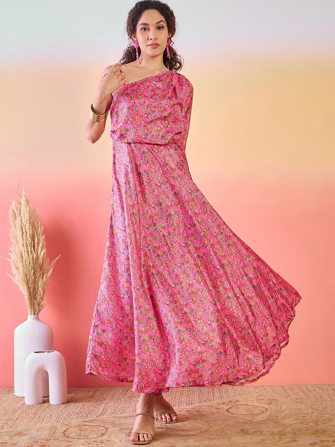 

Sangria Floral Printed One Shoulder Flared Maxi Dress, Pink