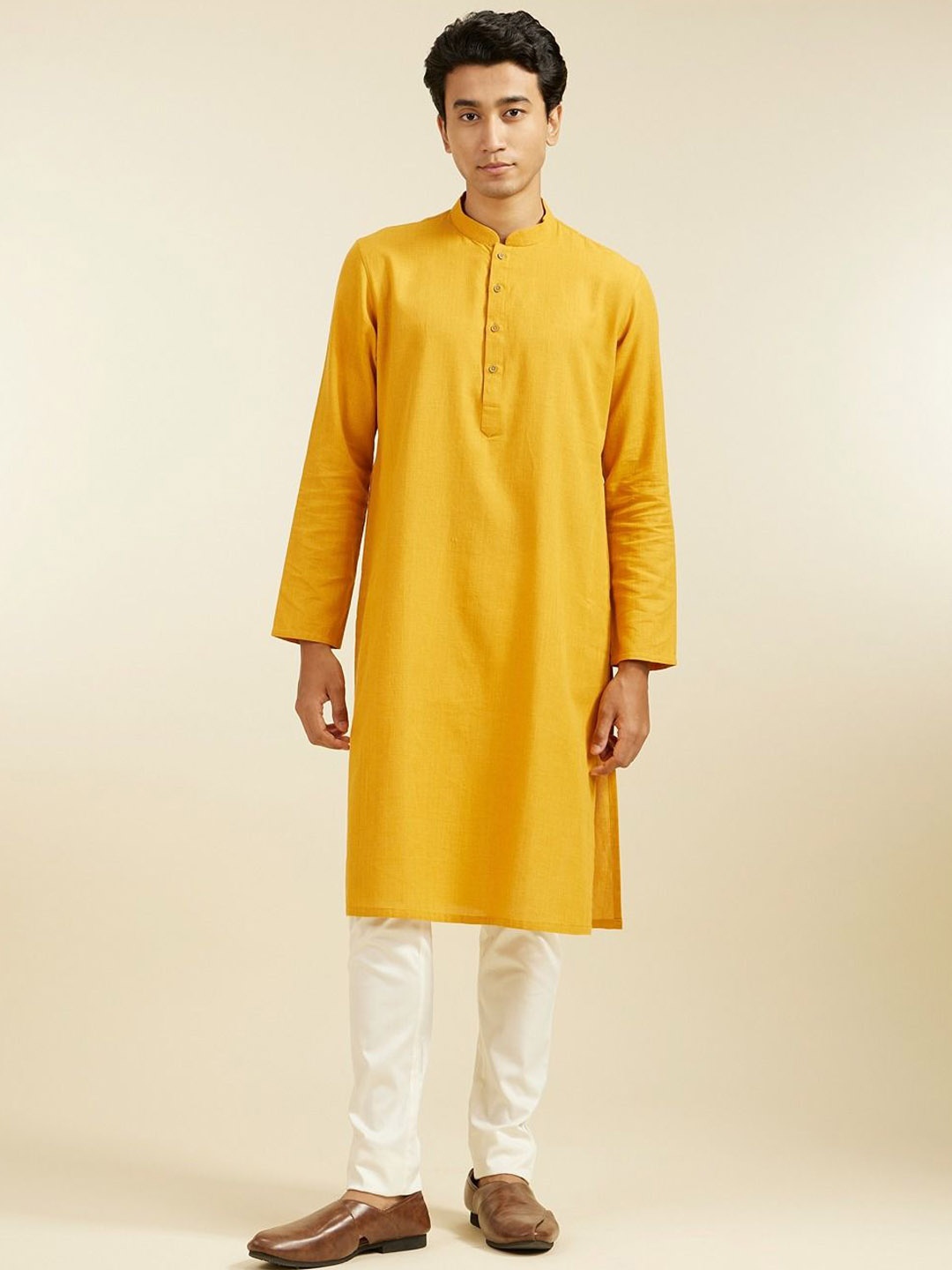 

Diwas by Manyavar Mandarin Collar Pure Cotton Straight Kurta With Pyjama, Mustard