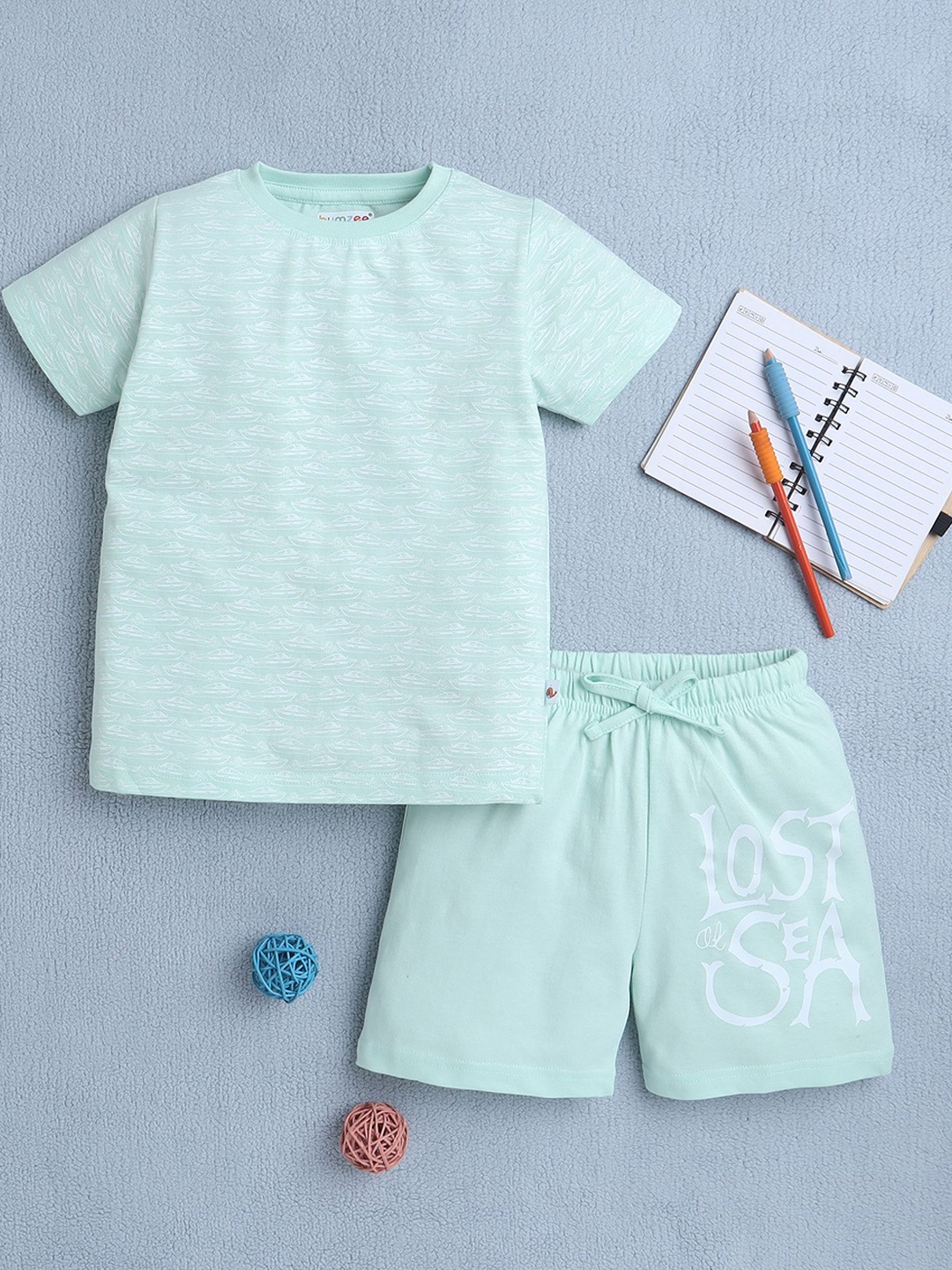 

BUMZEE Boys Printed Pure Cotton T-shirt With Shorts, Green