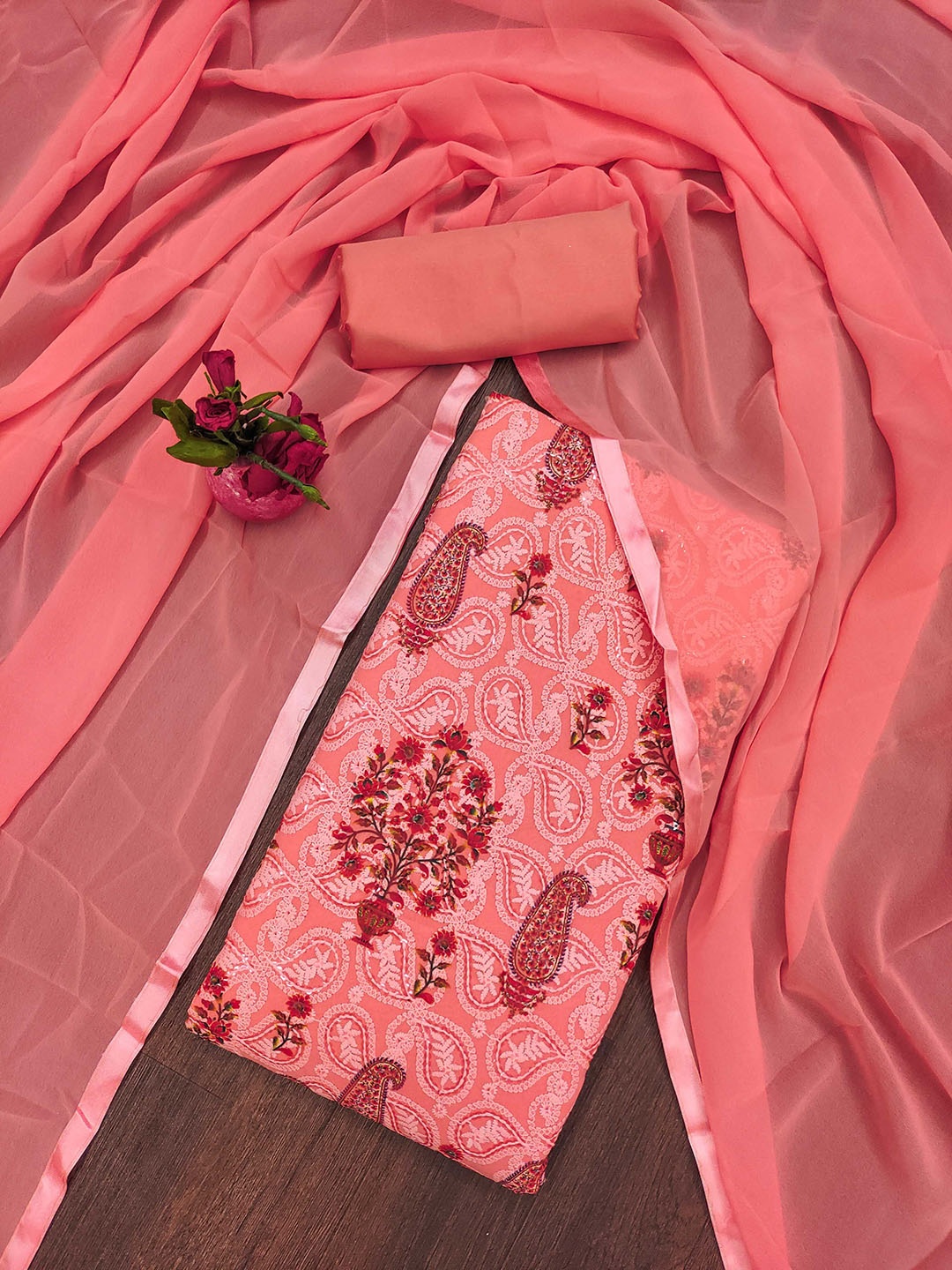 

SAINOOR Paisley Printed Silk Georgette Unstitched Dress Material, Pink