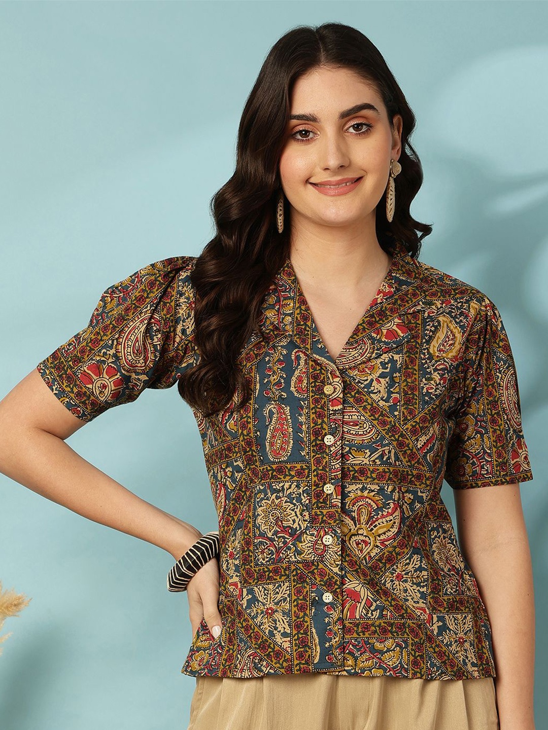 

KIMAYRA Women Ethinic Motifs Print Shirt Style Cotton Top, Mustard