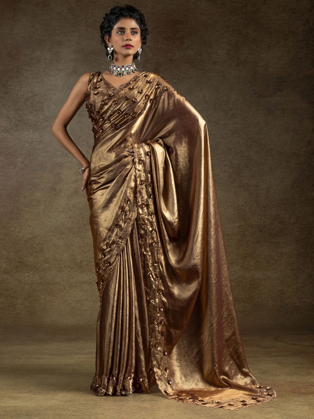 

Saree mall Embellished Sequinned Satin Sarees, Coffee brown