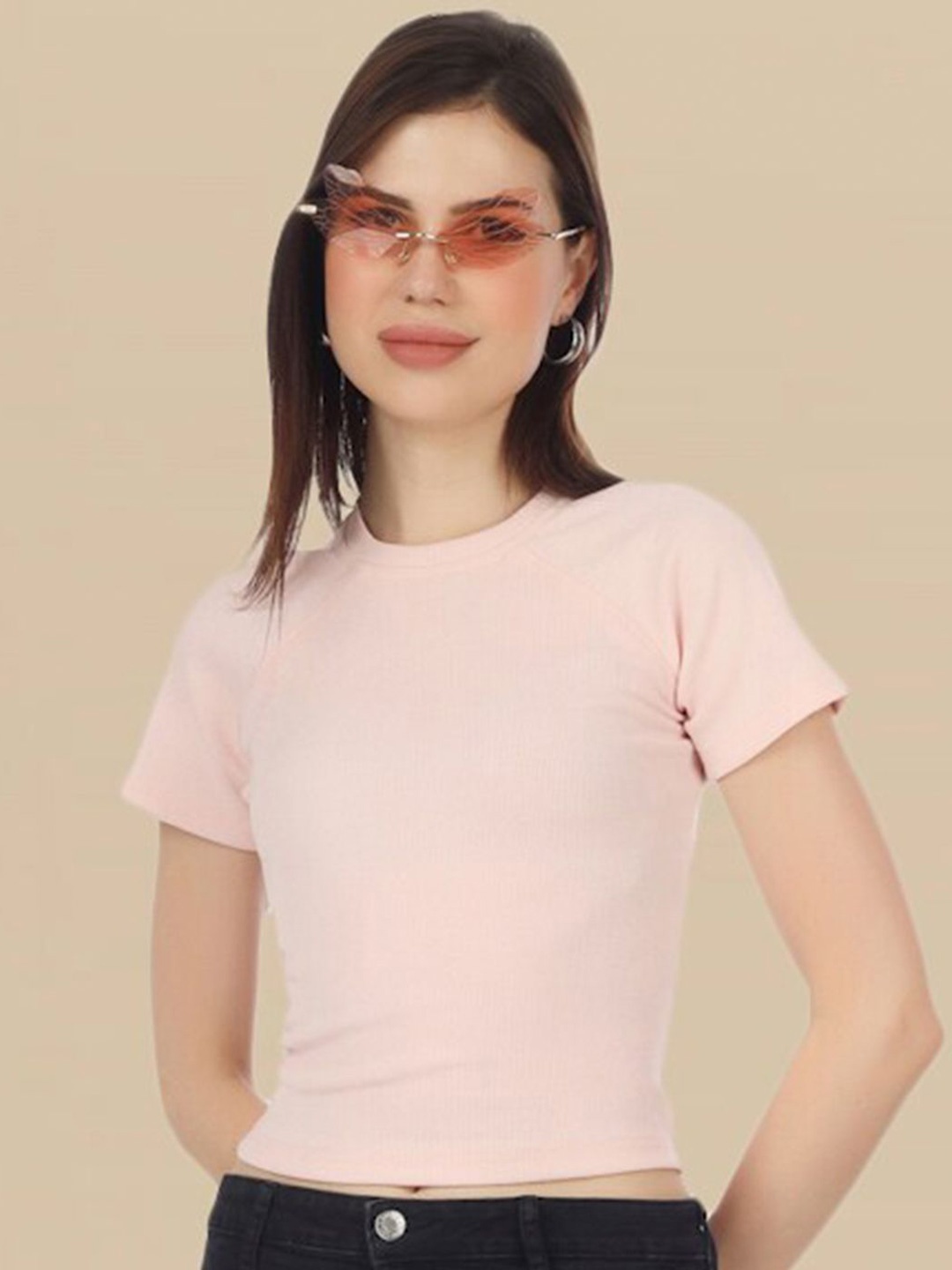 

DressBerry Women Ribbed Round Neck Cotton Fitted Regular Top, Pink
