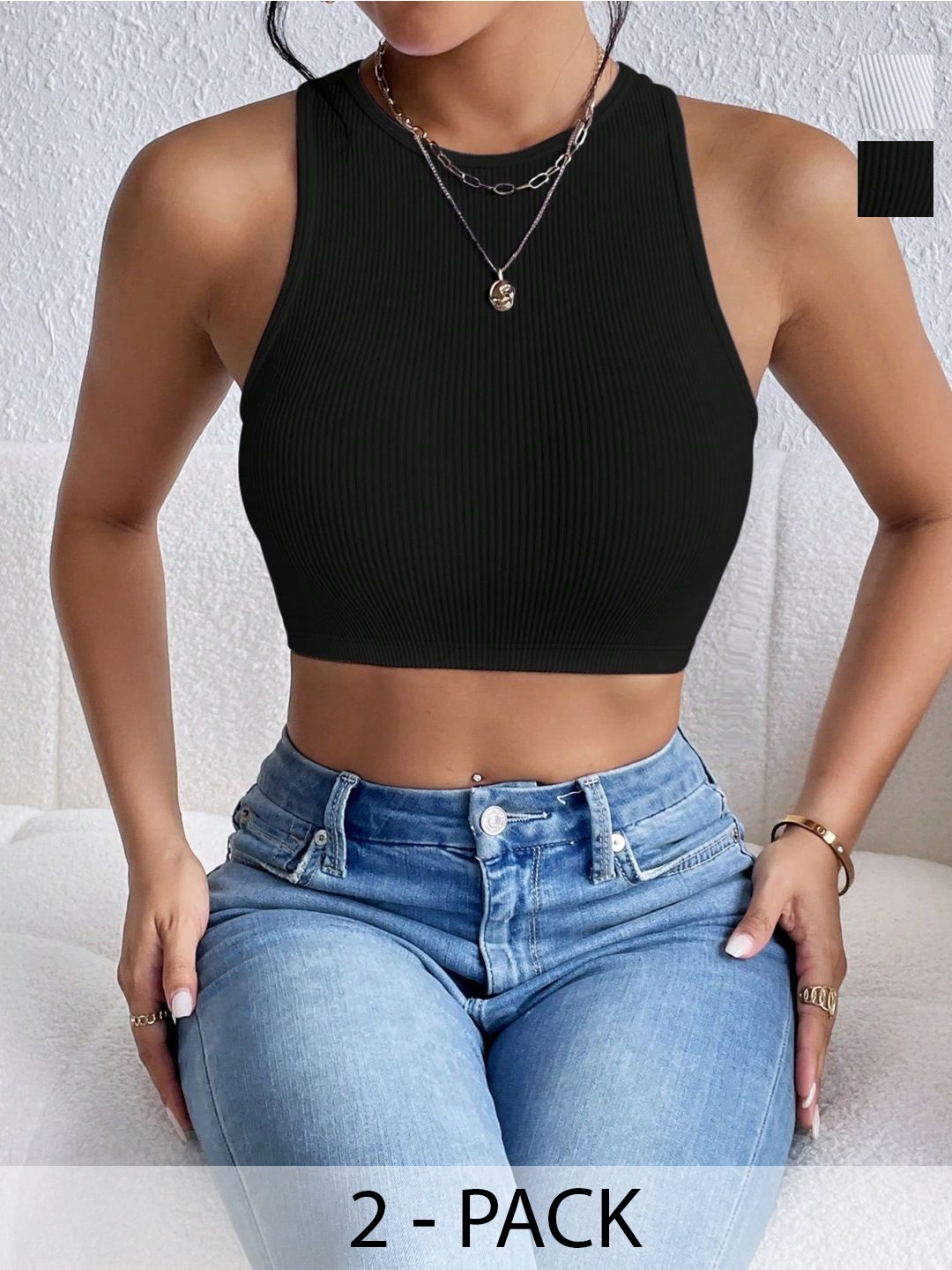 

KERI PERRY Women Pack Of 2 Sleeveless Lycra Crop Tank Tops, Black