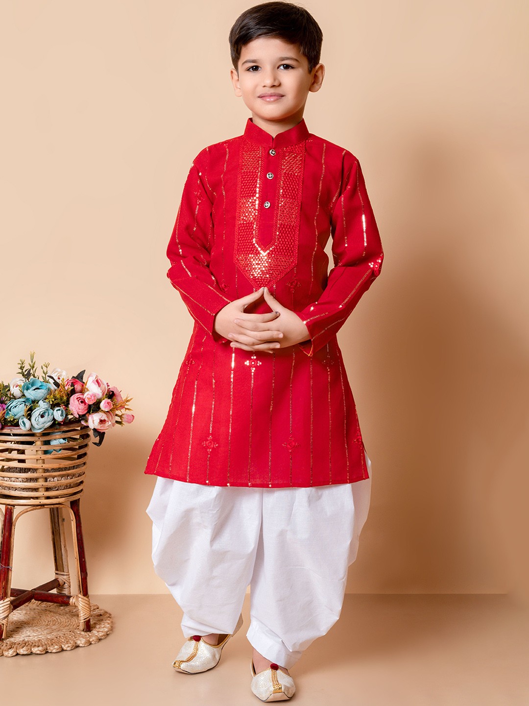 

Cae Boys Floral Embroidered Mandarin Collar Sequinned Straight Kurta With Patiala, Red