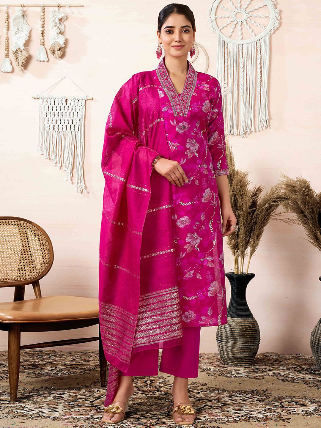 

Peachmode Floral Foil Printed Thread Work Cotton Silk Kurta With Trousers & Dupatta, Pink