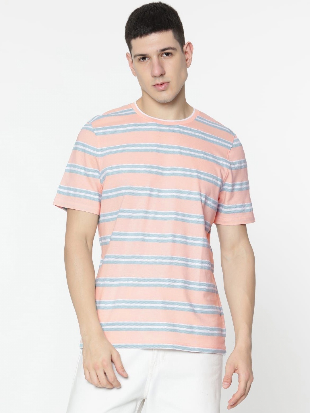 

Marks & Spencer Men Striped Round Neck Cotton T-shirt, Pink