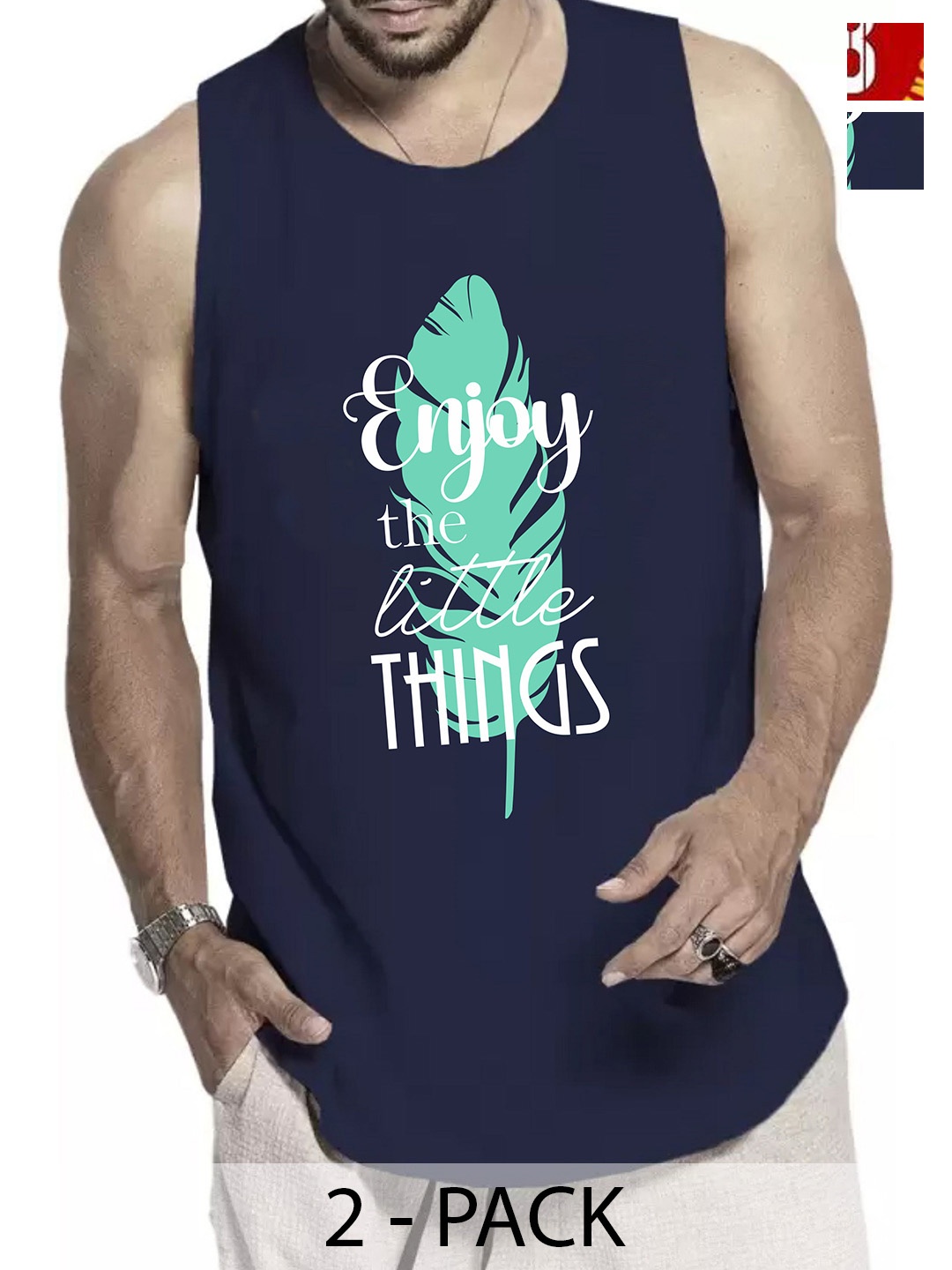 

WOOSTRO Pack Of 2 Printed Gym Vests RS26 (ENJOY NAVY)(98 RED), Navy blue