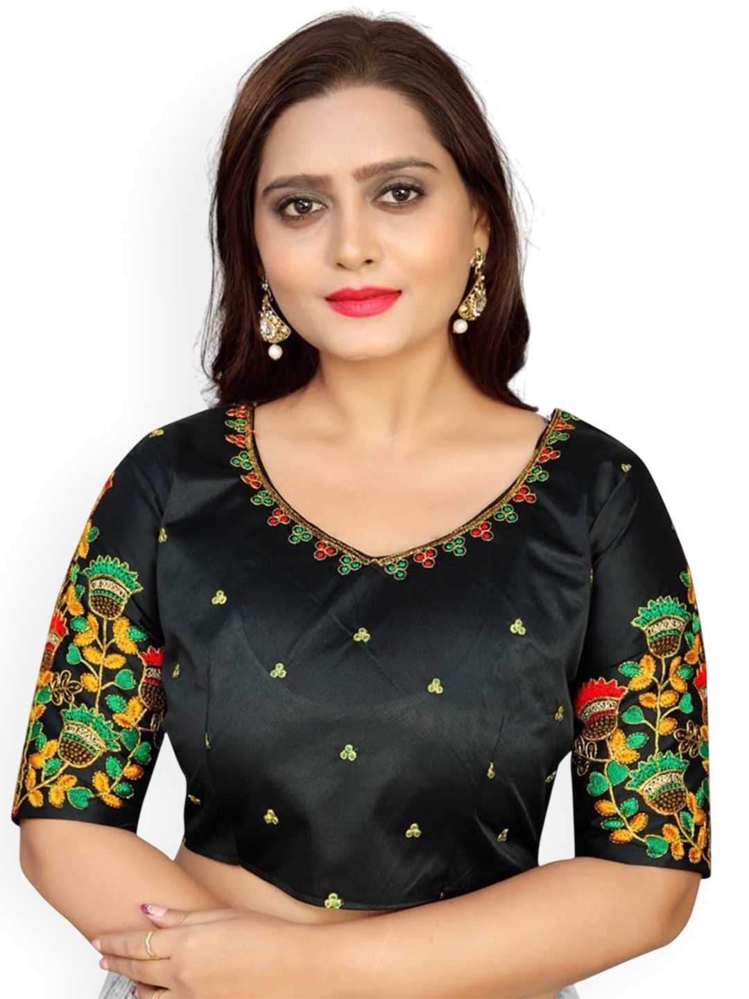 

SILKWEAR Embroidered Satin Silk V Neck Saree Blouse, Black