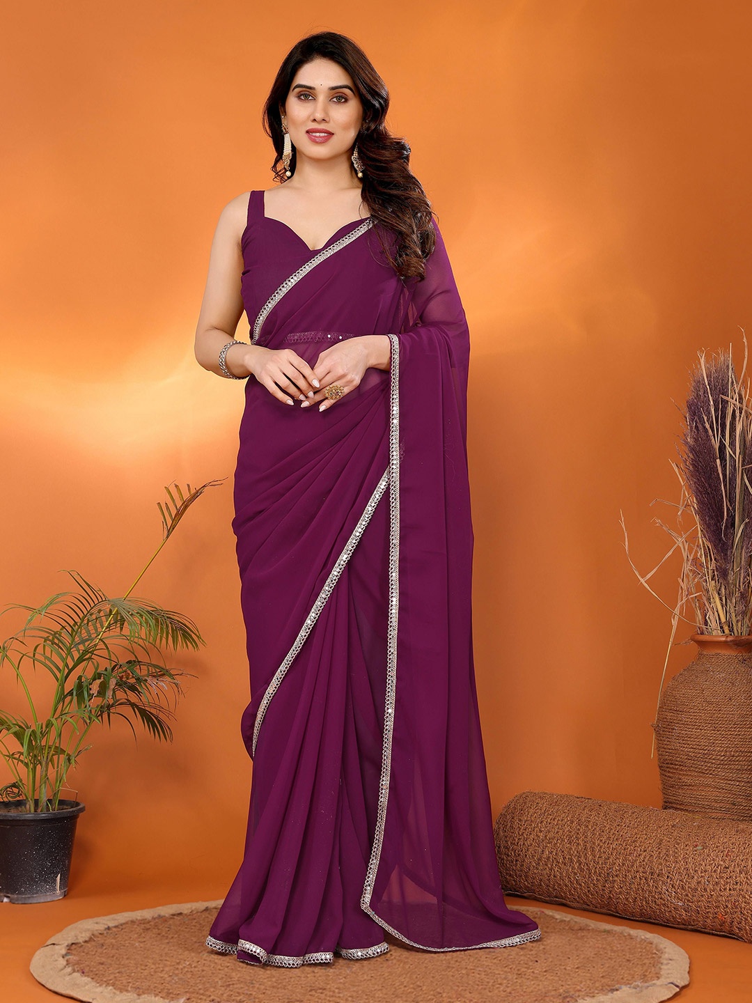 

Munir Mirror Work Poly Georgette Saree, Purple