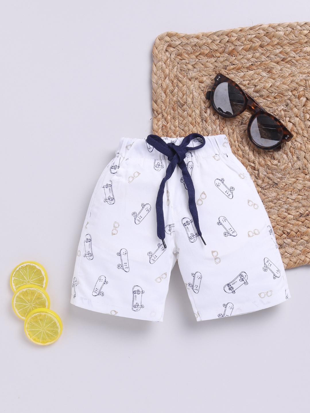 

Here&Now X Denikid Infant Boys Printed Pure Cotton Shorts, White