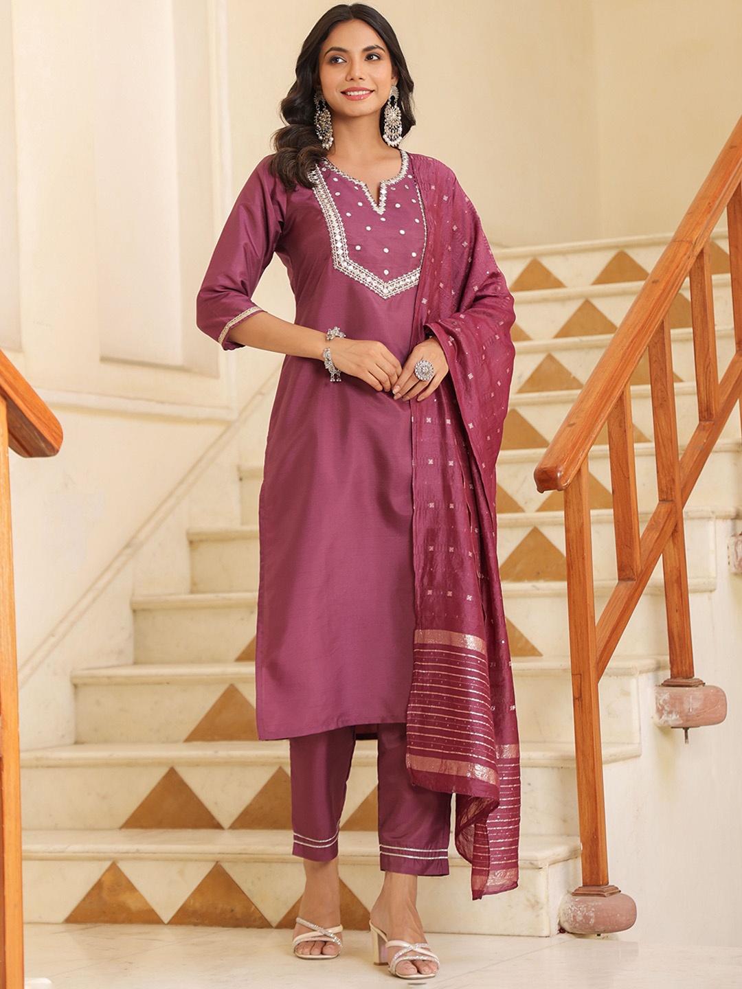 

KALINI Embroidered Mirror Work Notch Neck Kurta With Trousers & Dupatta, Mauve
