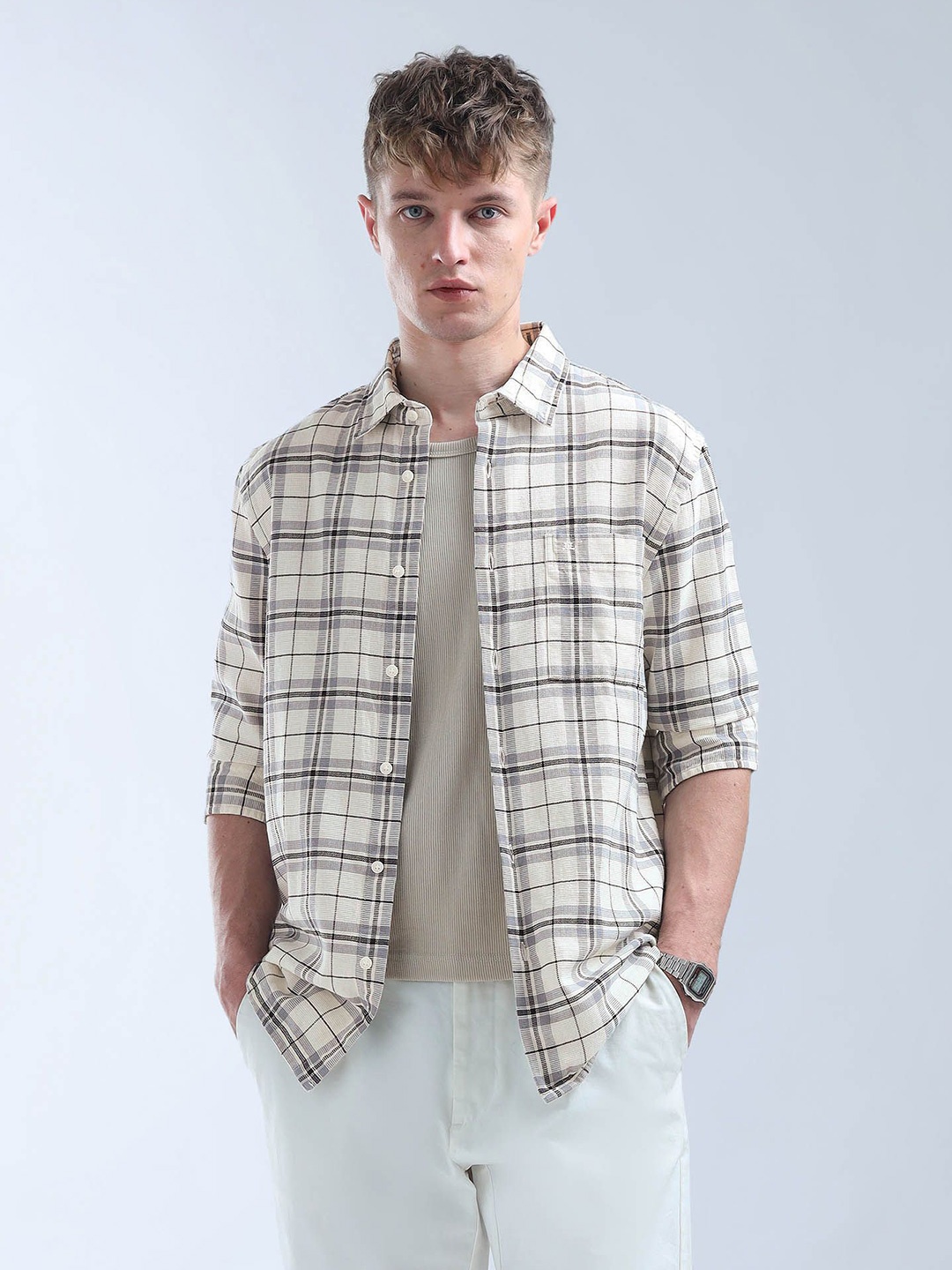 

Flying Machine Men Classic Opaque Checked Casual Shirt, Grey