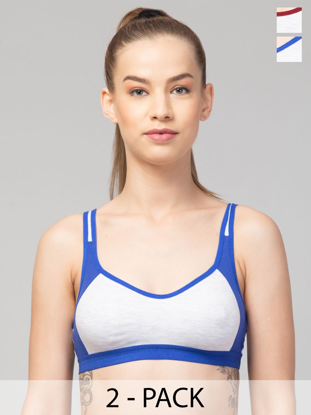 

Apraa & Parma Pack Of 2 Cotton Full Coverage Non Padded Colourblocked Sports Bra, Blue