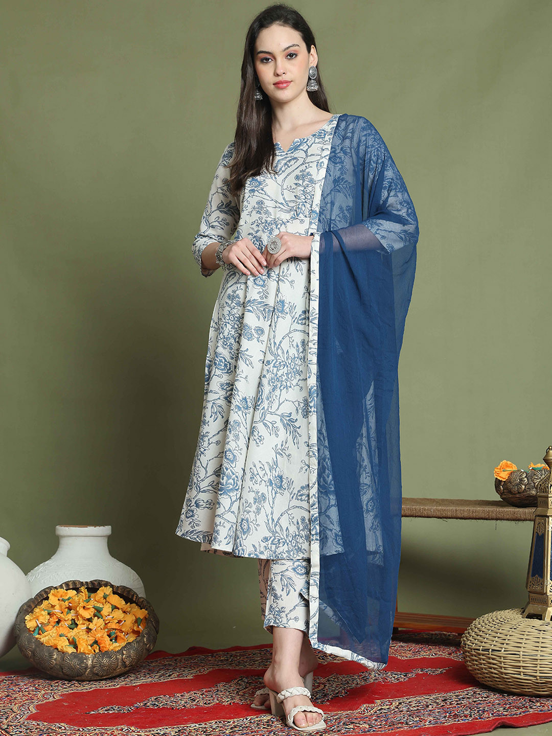 

Roly Poly Floral Printed Notch-Neck A-Line Kurta With Trousers & Dupatta, White