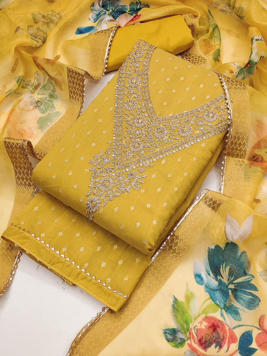

Riti Floral Embroidered Sequinned Chanderi Silk Unstitched Dress Material, Yellow