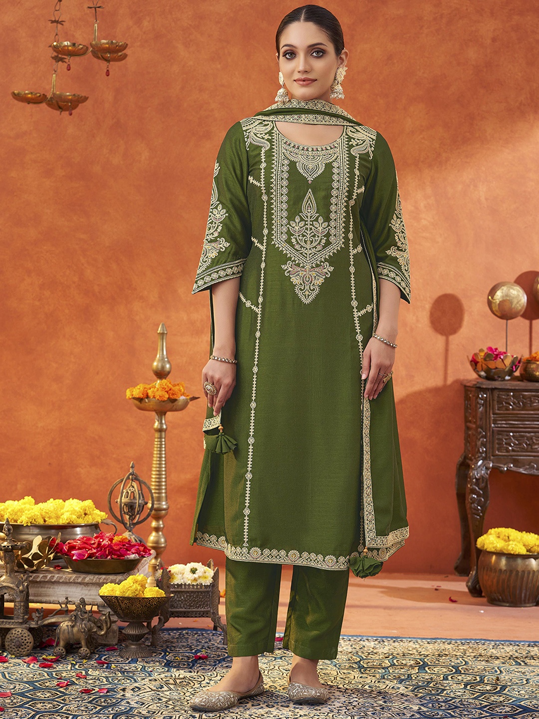 

Shaily Floral Embroidered Round Neck A-Line Kurta With Trousers & Dupatta, Olive