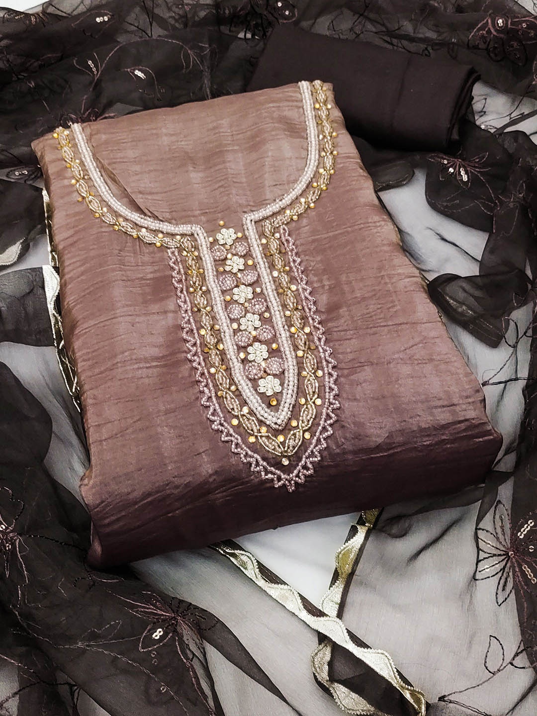 

SAINOOR Embellished Pure Silk Semi-Stitched Dress Material, Brown