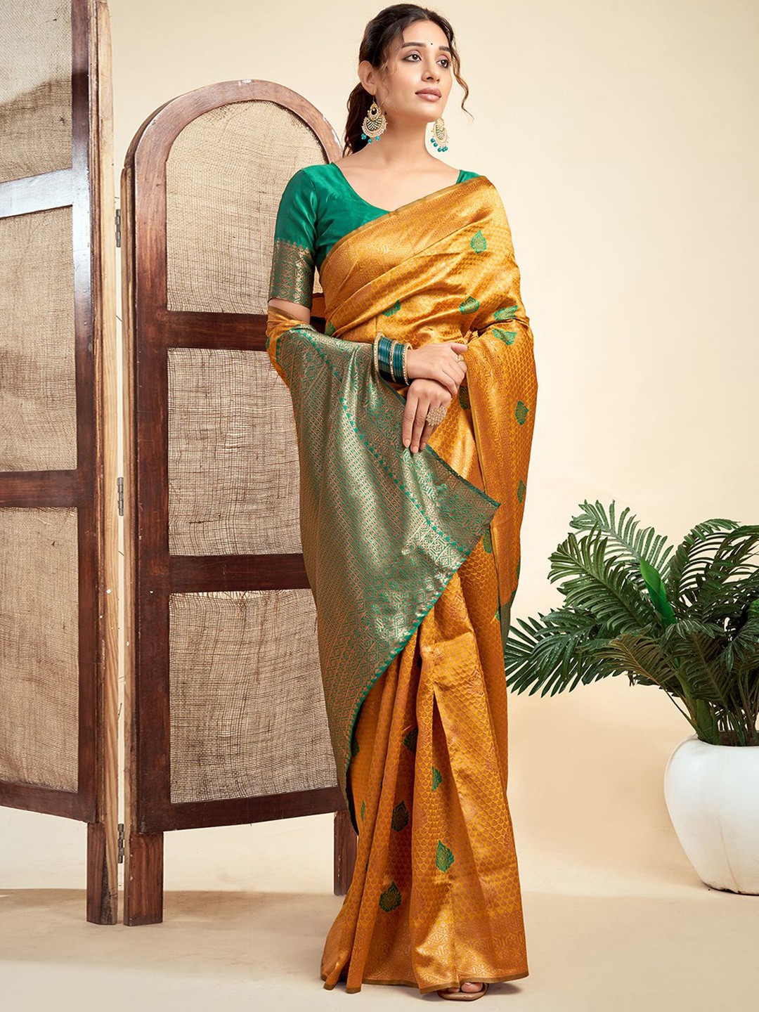 

HERE&NOW Yellow Woven Design Zari Banarasi Saree