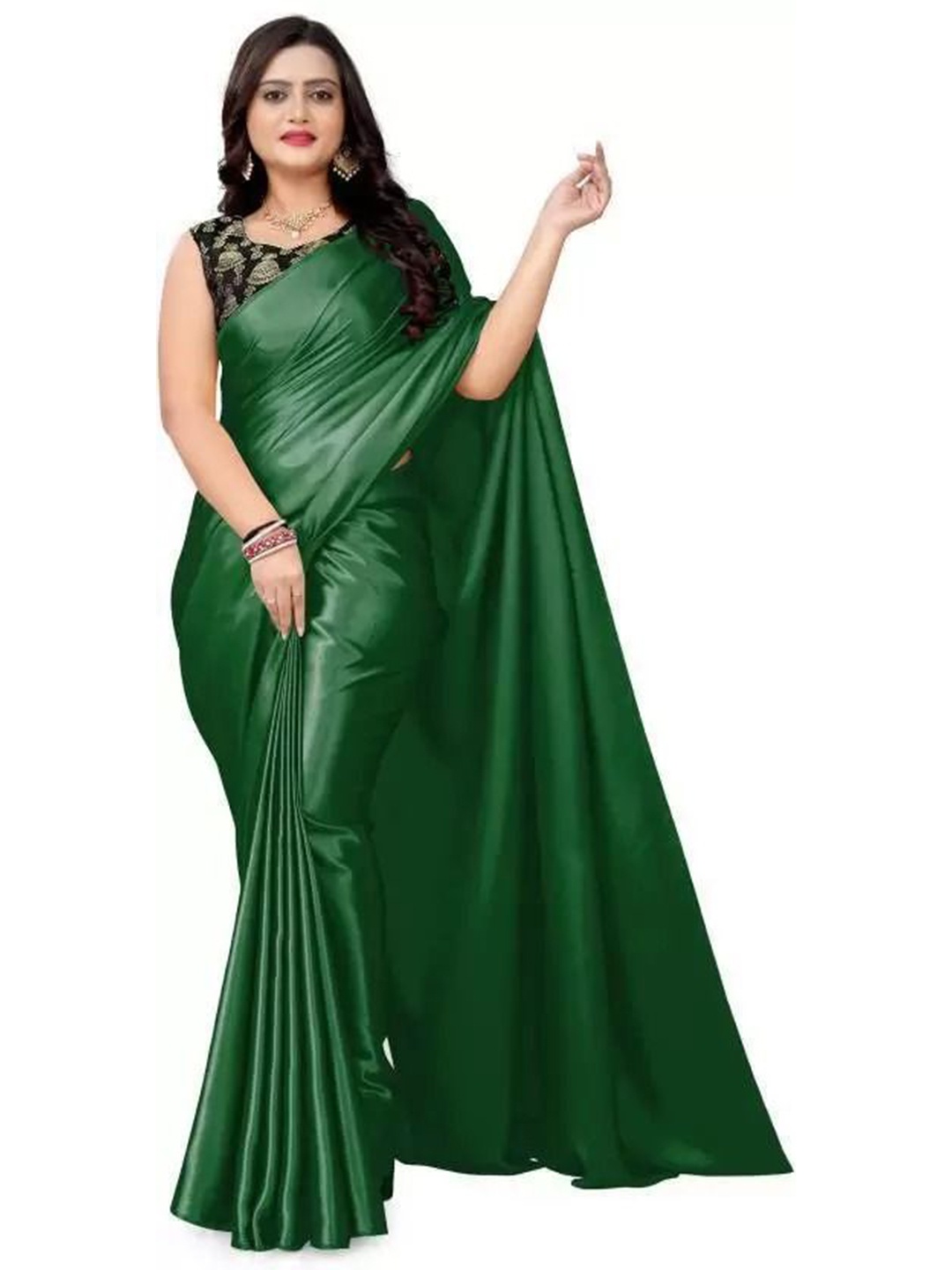 

SAADHVI Women Satin Saree With Unstitched Blouse Piece, Green