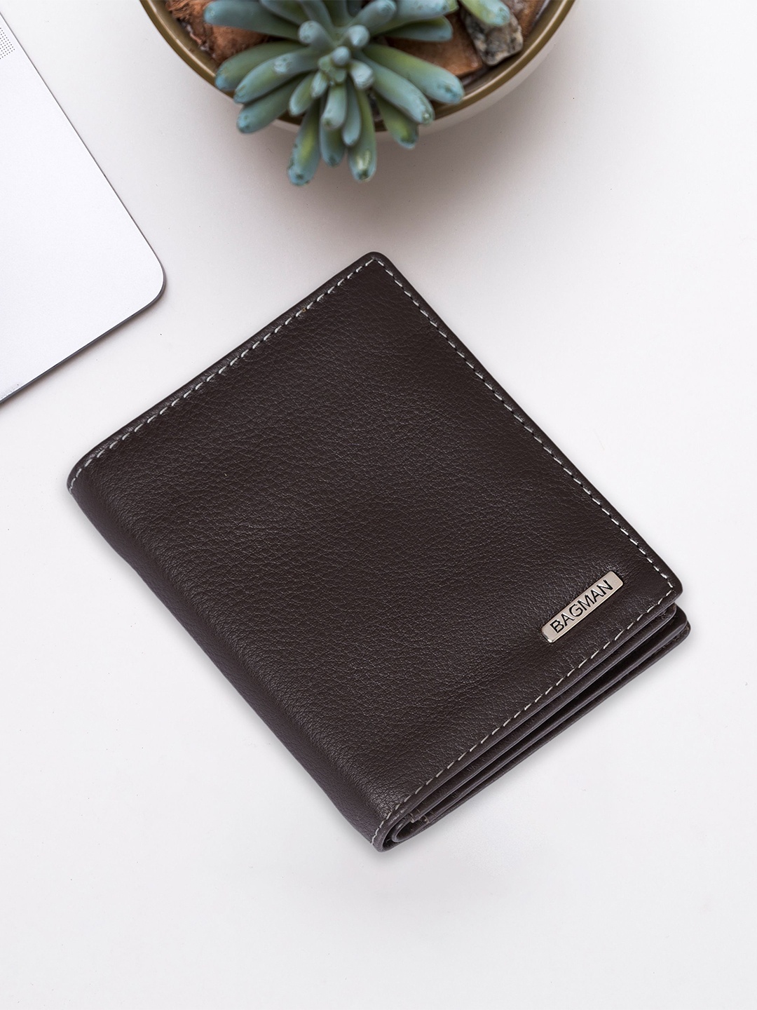 

BAGMAN Men Textured Leather Two Fold Wallet, Brown