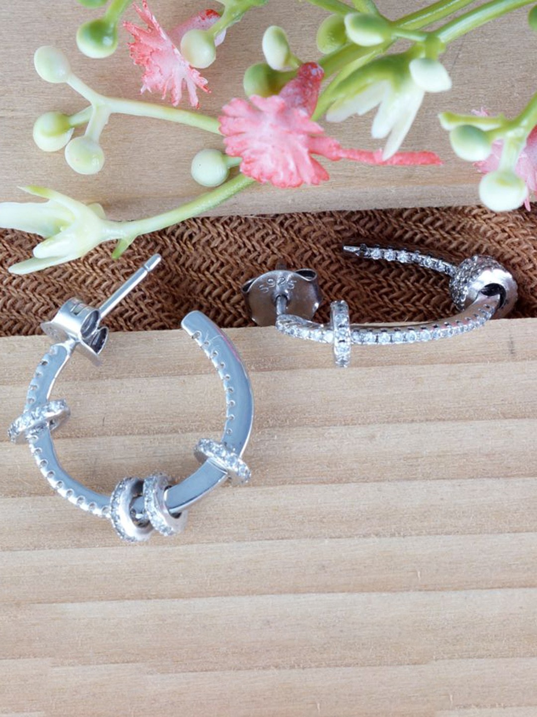 

Tuanz Silver Jewelry 925 Sterling Silver Rhodium-Plated Stone Studded Hoop Earrings