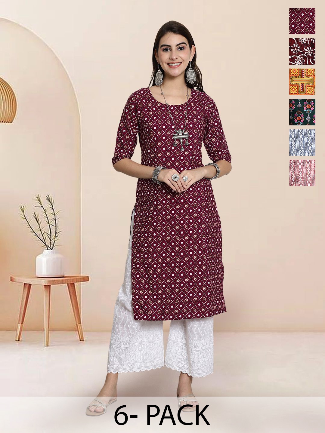 

7Threads Selection Of 6 Geometric Printed Straight Kurtas, Maroon