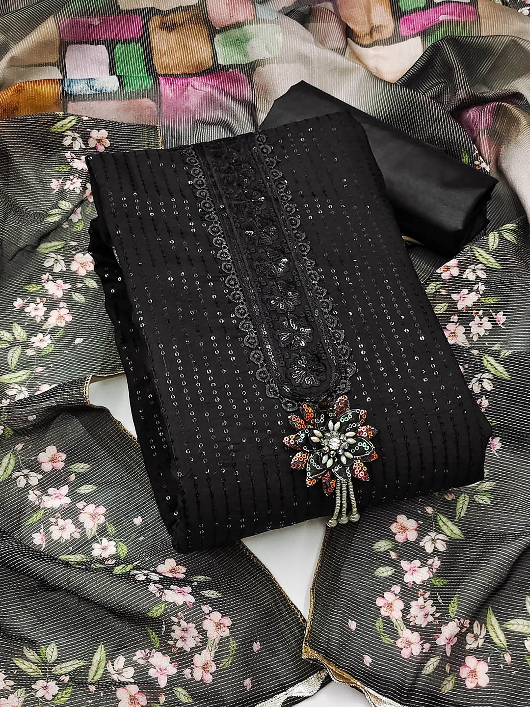 

SAINOOR Floral Embroidered Sequinned Pure Silk Semi-Stitched Dress Material, Black