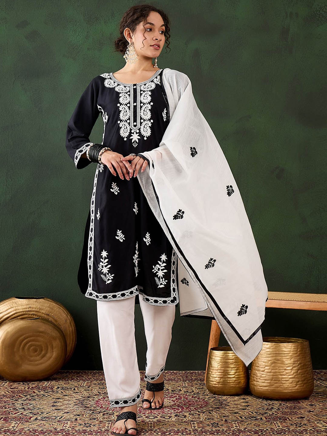 

Maroosh Paisley Embroidered Round Neck Thread Work Straight Kurta With Trouser & Dupatta, Black