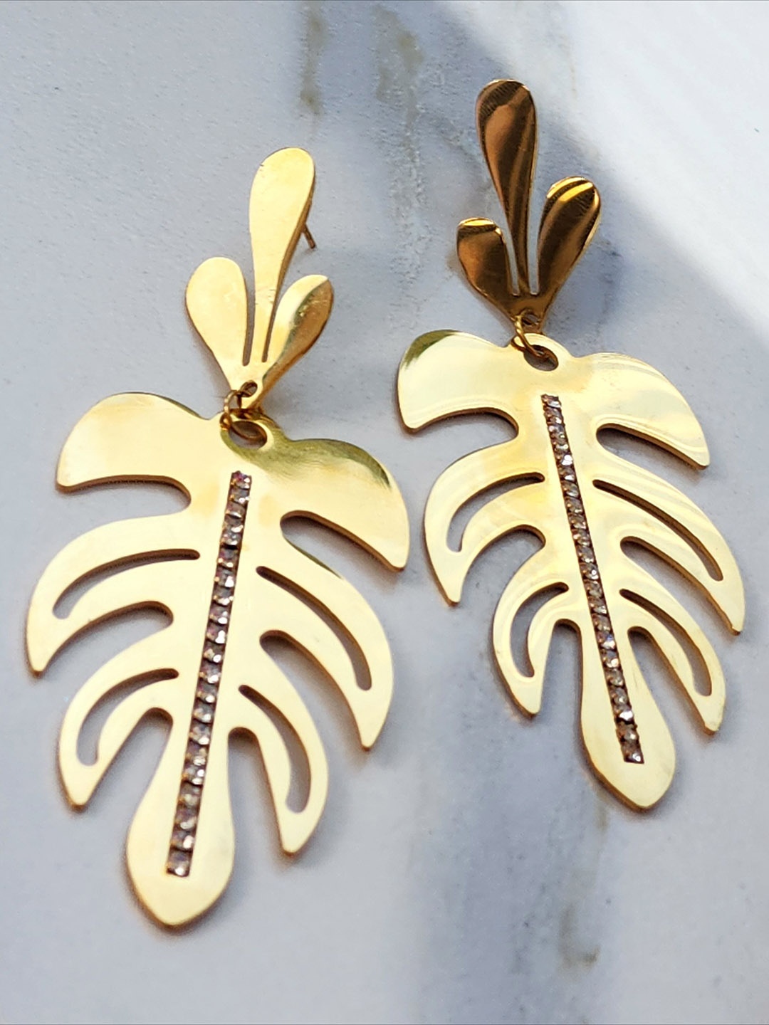 

DKane Designs Gold-Plated AD Studded Palm Leaf Shaped Drop Earrings