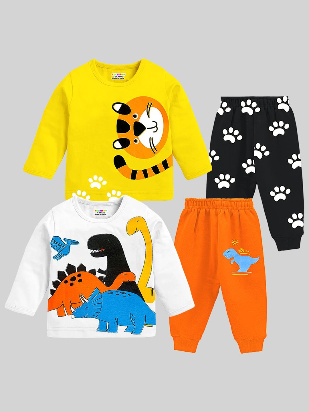 

KUCHIPOO Boys Pack Of 2 Printed Round Neck Sweatshirts With Joggers, Yellow