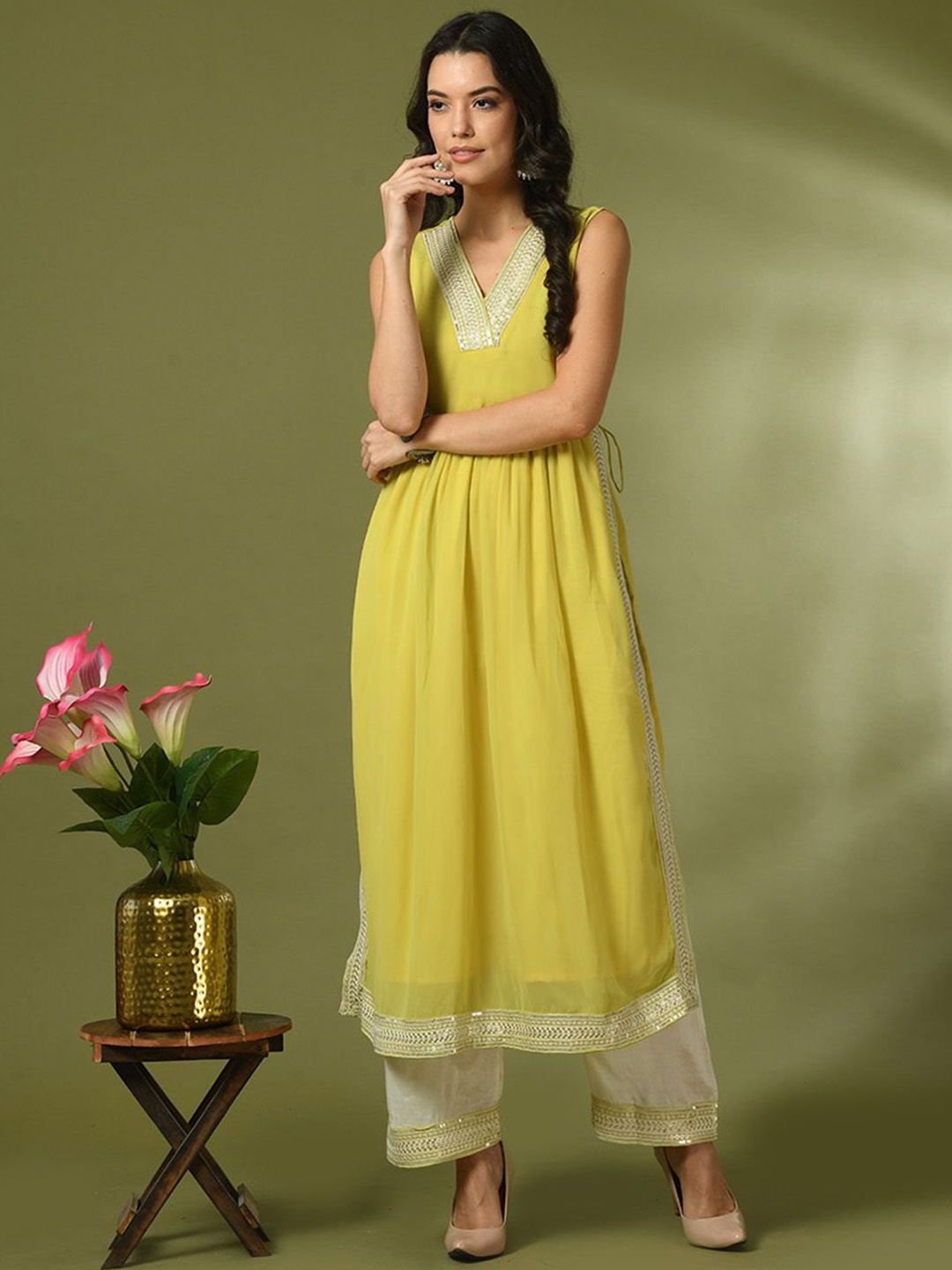 

KALINI V-Neck Sequinned Georgette Empire A-Line Kurta With Trousers, Yellow