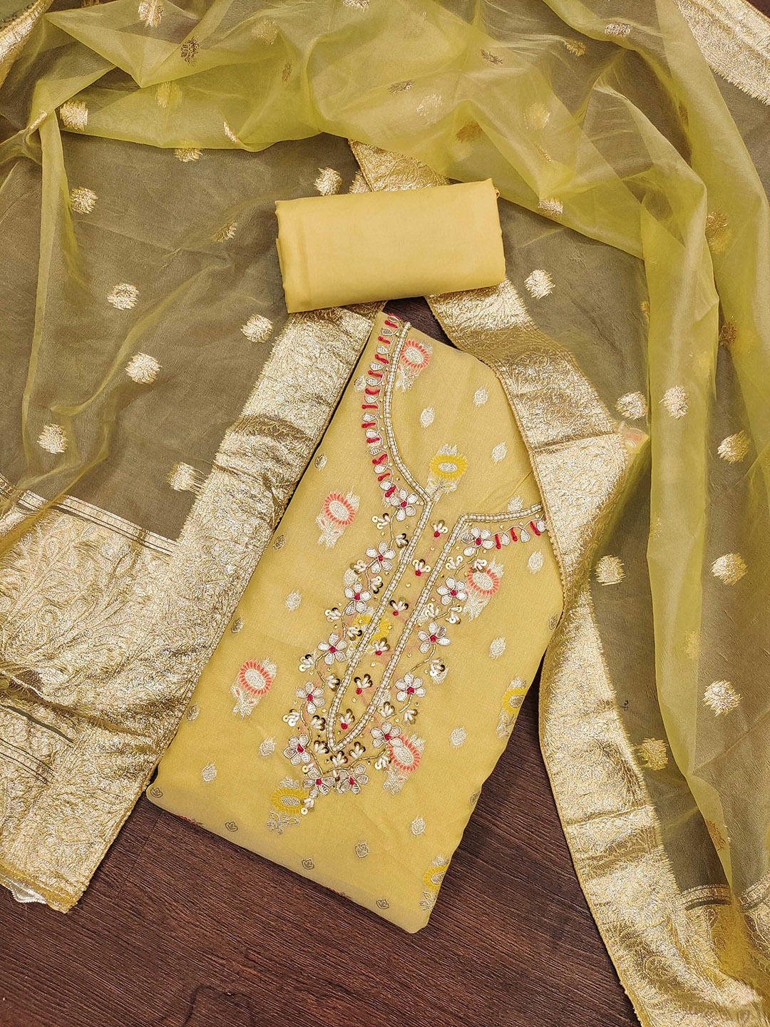 

SAINOOR Embroidered Beads And Stones Organza Semi-Stitched Dress Material, Yellow