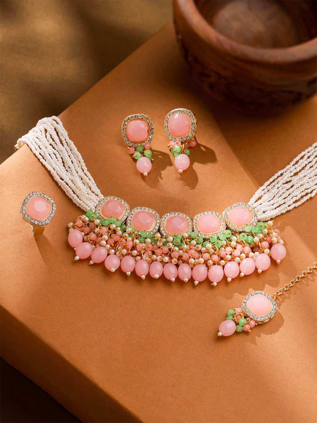 

Yellow Chimes Gold-Plated Stone Studded & Pearls Beaded Choker Jewellery Set