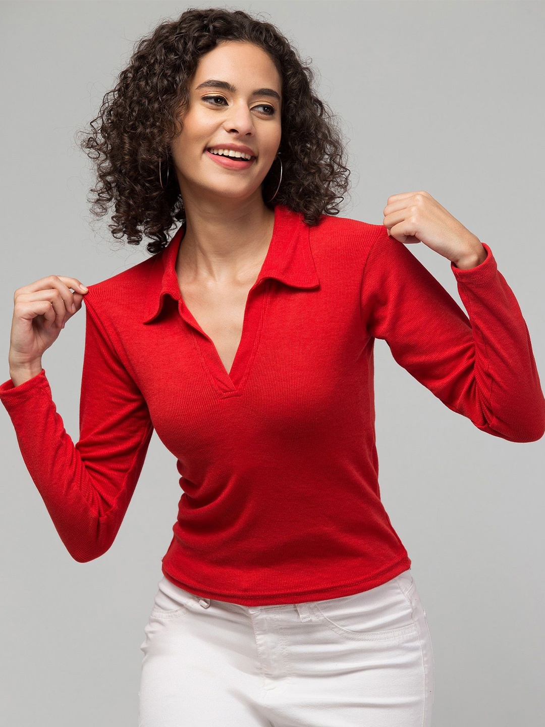 

Swaggish Women Ribbed Shirt Collar Top, Red